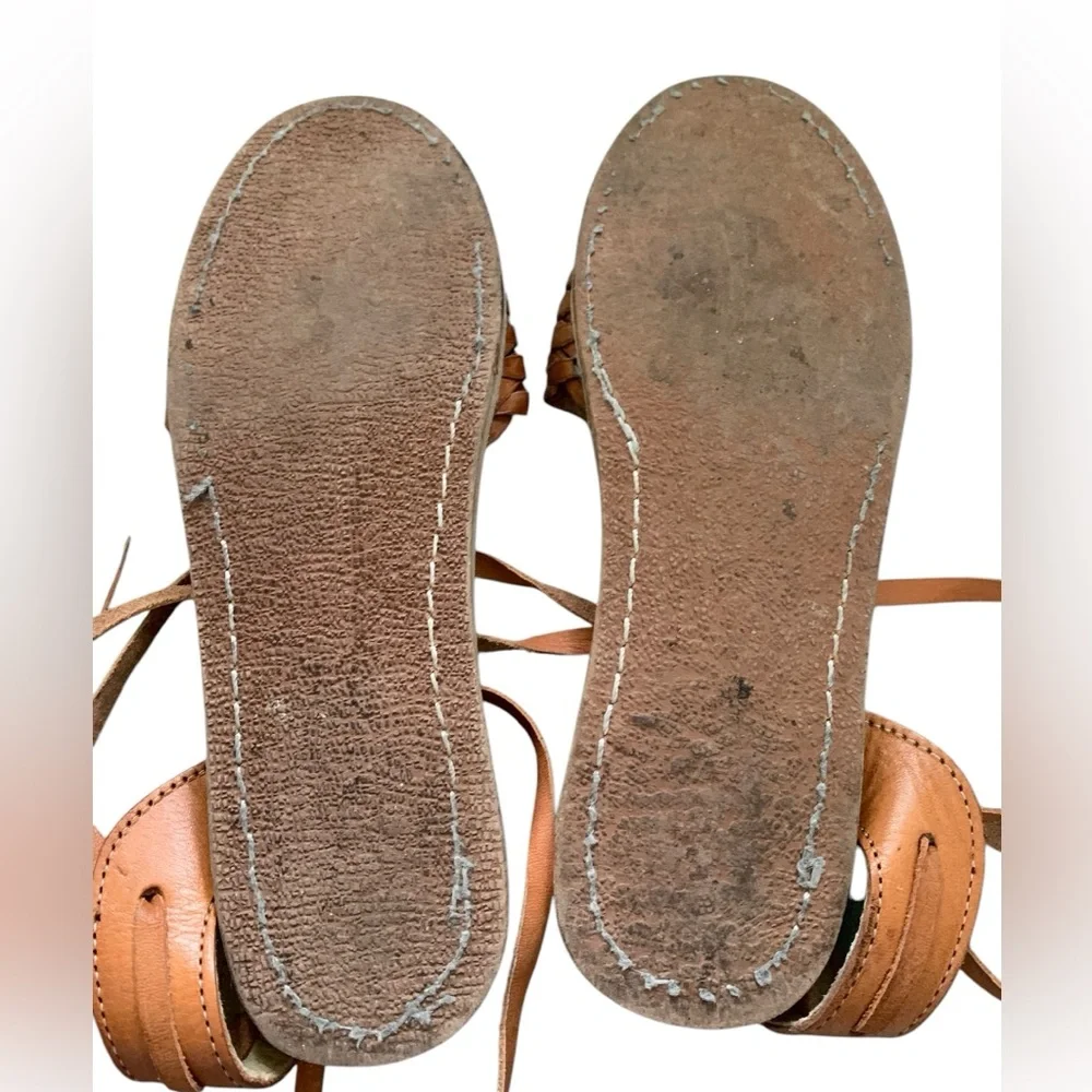 Tan Leather Sandals with Floral Tooled Embroidery and Ankle Straps